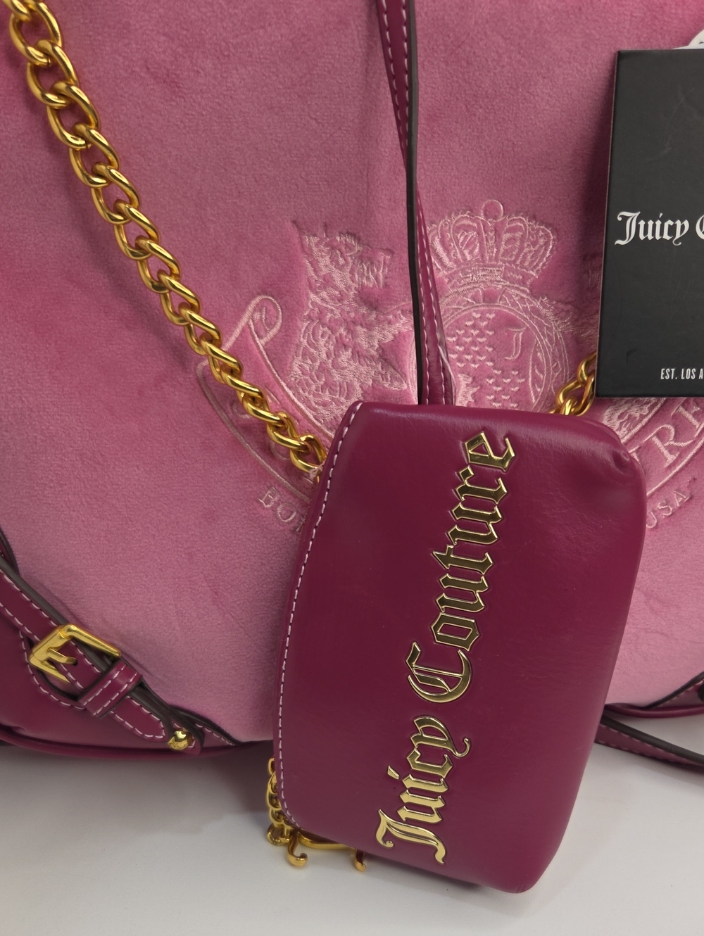 💕▪️Juicy Couture▪️uk Exclusive Twig Pink Suede Purple Trim Gold Chain Hobo Bag - Picture 3 of 13